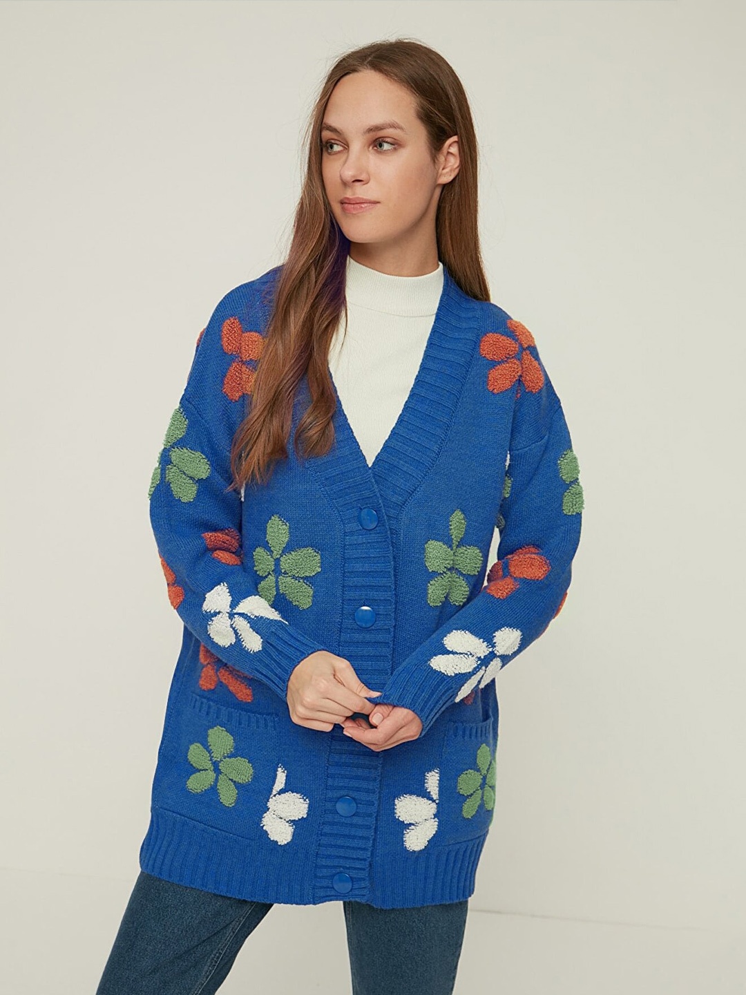 

Trendyol Floral Embroidered Pure Acrylic Longline Cardigan, Blue