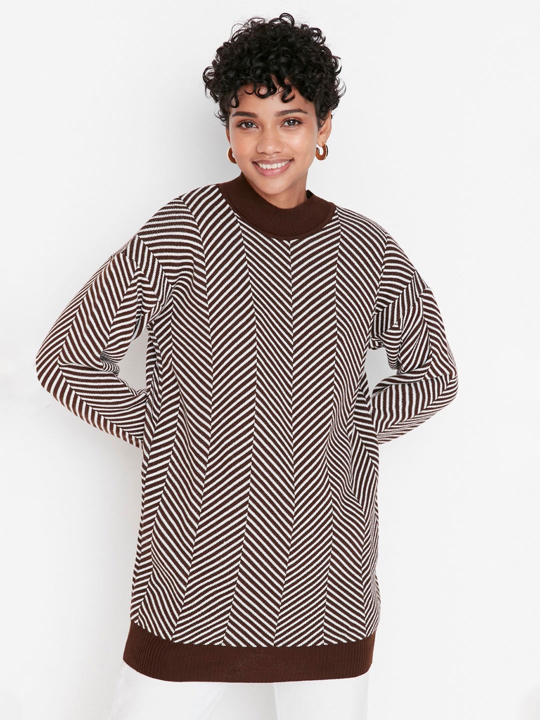 

Trendyol Striped Mock Collar Longline Acrylic Pullover Sweater, Brown