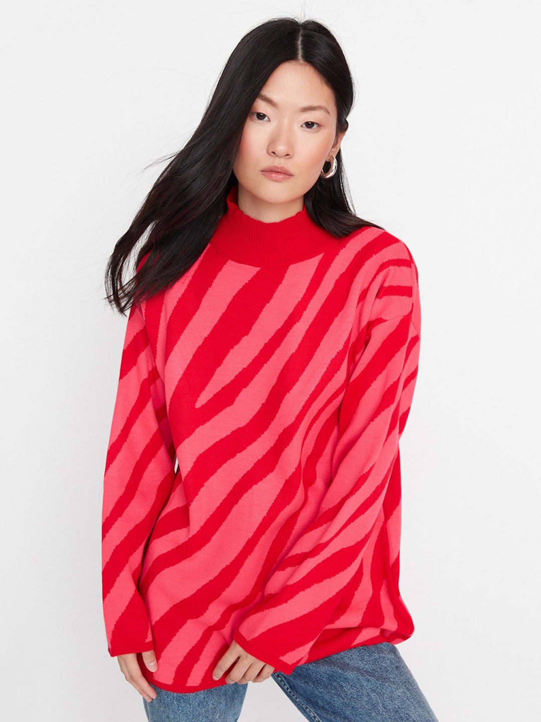 

Trendyol Striped Mock Collar Acrylic Pullover Sweater, Red