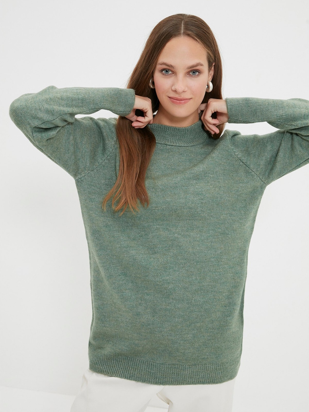 

Trendyol Mock Neck Ribbed Pullover, Green