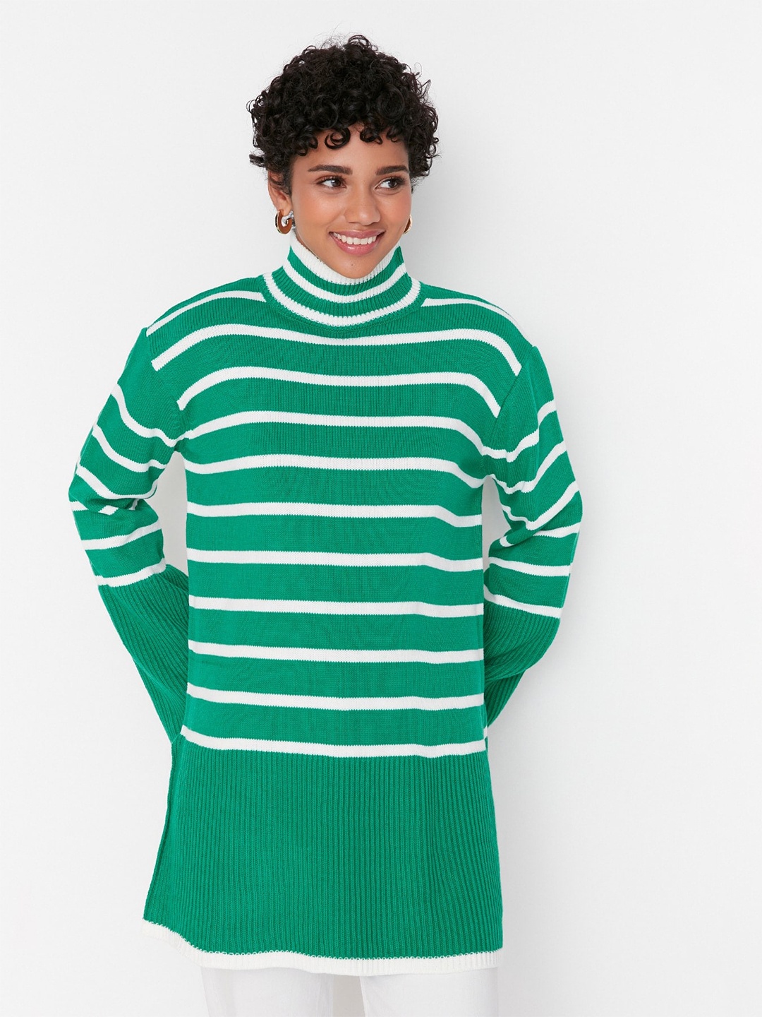 

Trendyol Striped Turtle Neck Longline Acrylic Pullover, Green