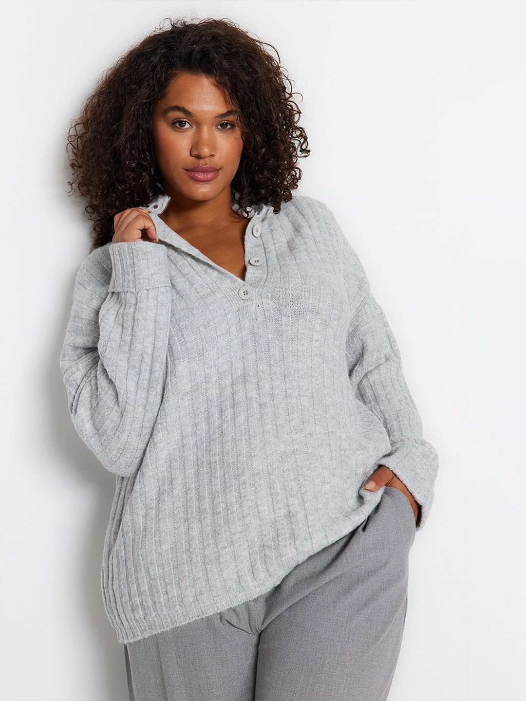 

Trendyol Ribbed Mock Collar Acrylic Pullover, Grey