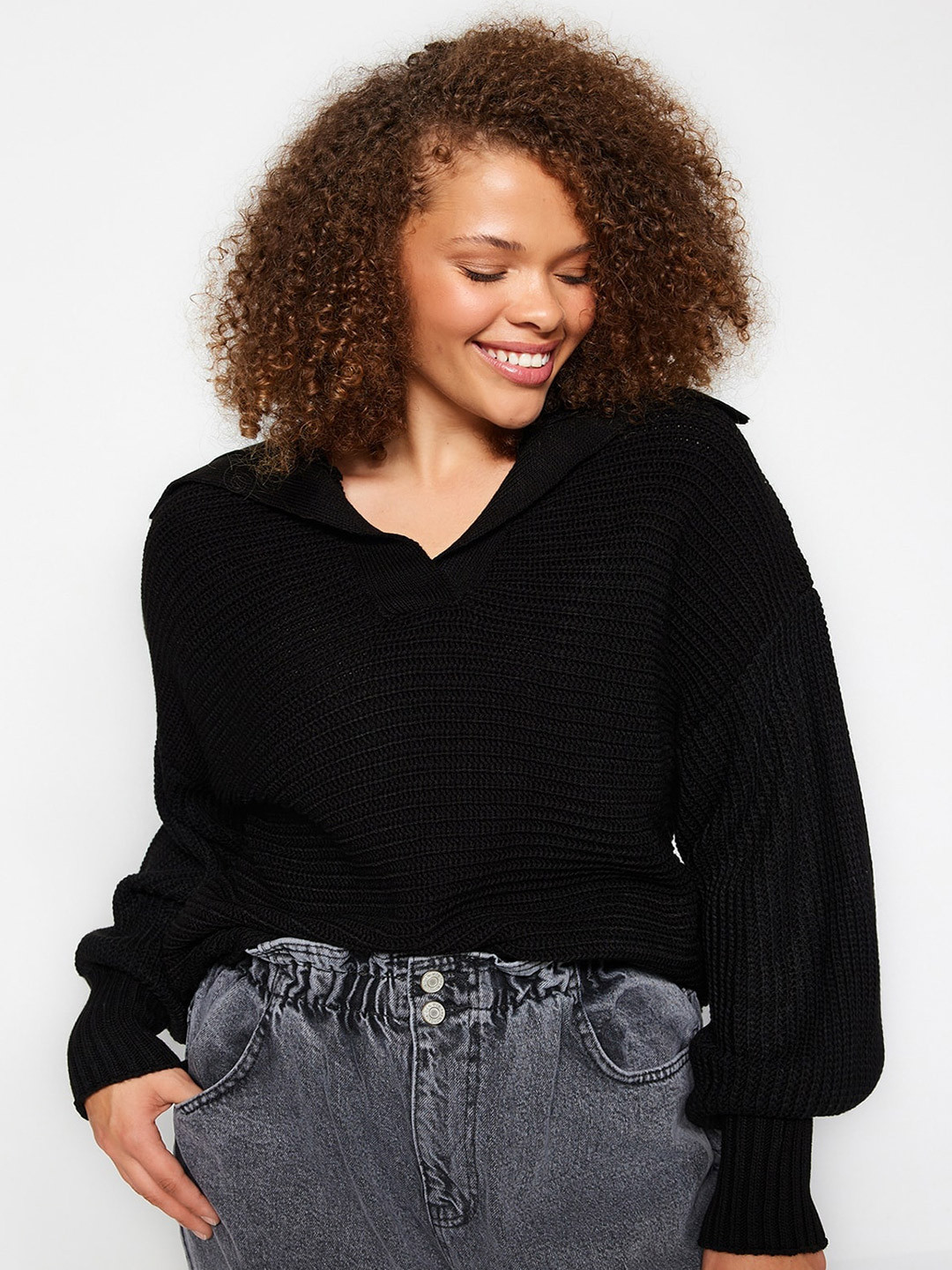 

Trendyol Ribbed Shirt Collar Pullover, Black