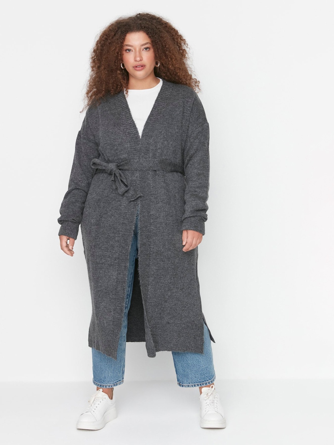 

Trendyol V-Neck Long Sleeves Longline Front-Open Sweater, Grey