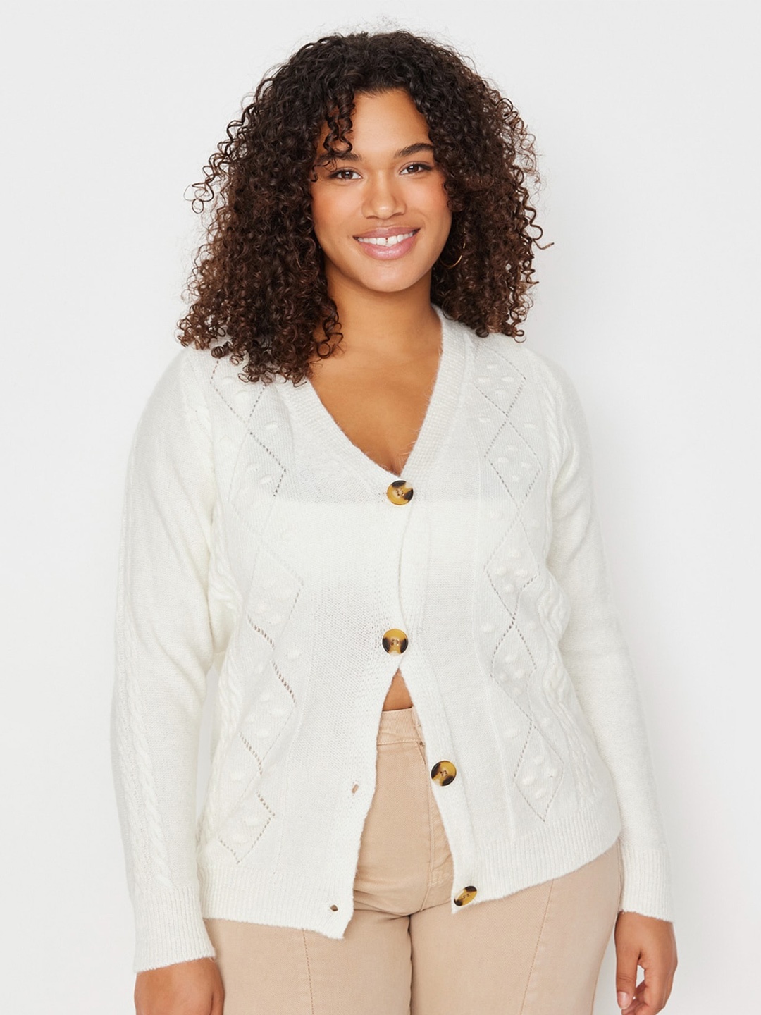 

Trendyol V-Neck Cable Knit Ribbed Cardigan, White