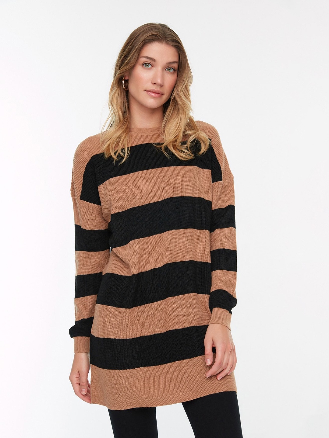 

Trendyol Striped Acrylic Longline Pullover Sweaters, Brown