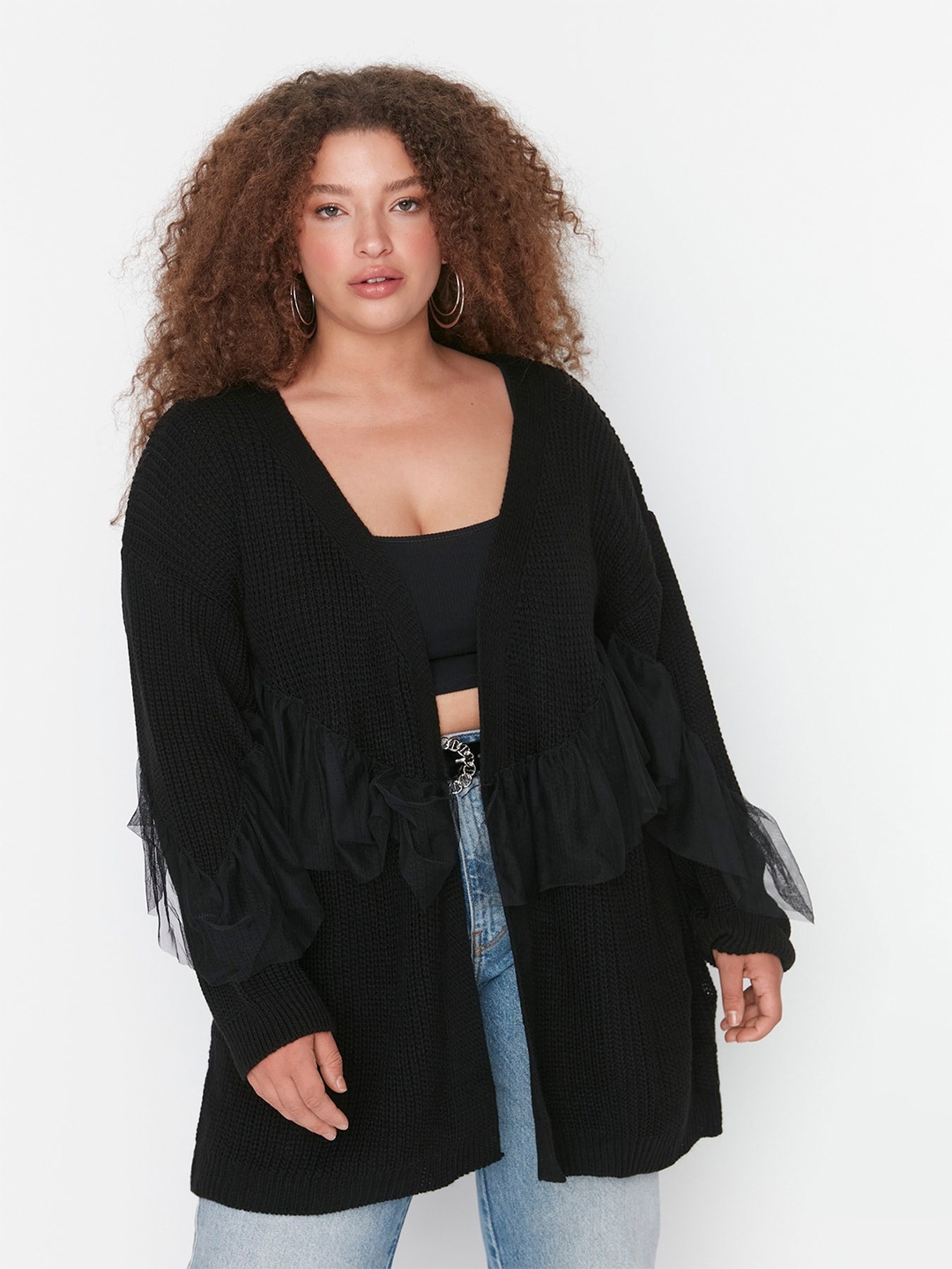 

Trendyol Self Designed V-Neck Ruffled Acrylic Front-Open Sweater, Black