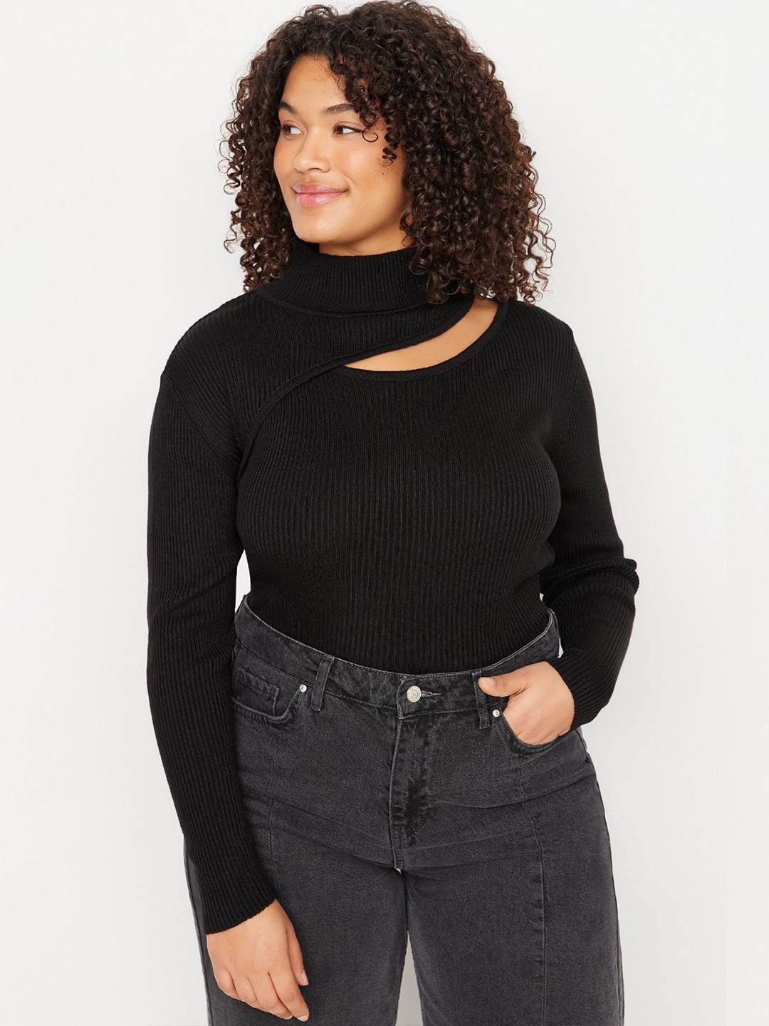 

Trendyol Cut-Out Details Pure Acrylic Ribbed Pullover Sweaters, Black