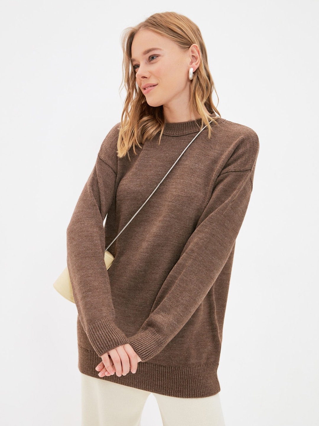 

Trendyol Mock Neck Ribbed Pullover, Brown