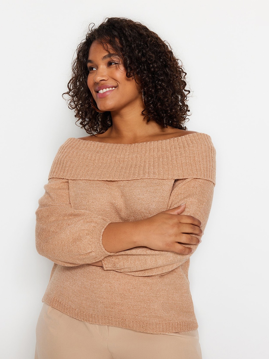 

Trendyol Off-Shoulder Pullover Sweater, Brown