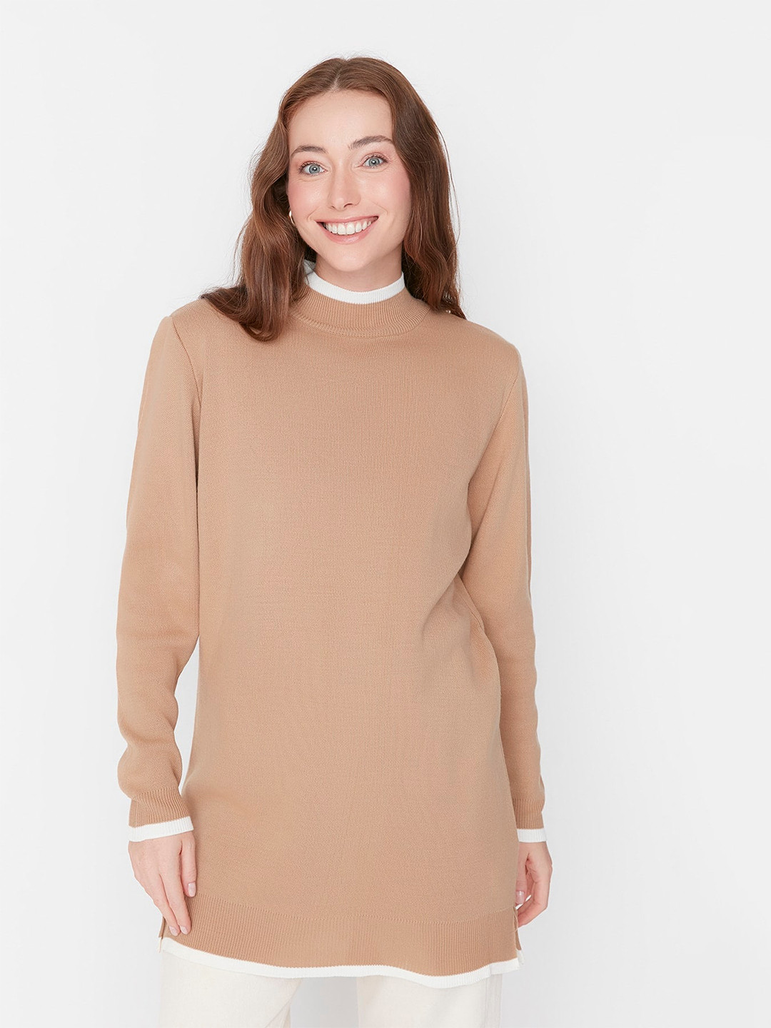 

Trendyol Ribbed High Neck Long Sleeves Pure Acrylic Longline Pullover Sweaters, Beige