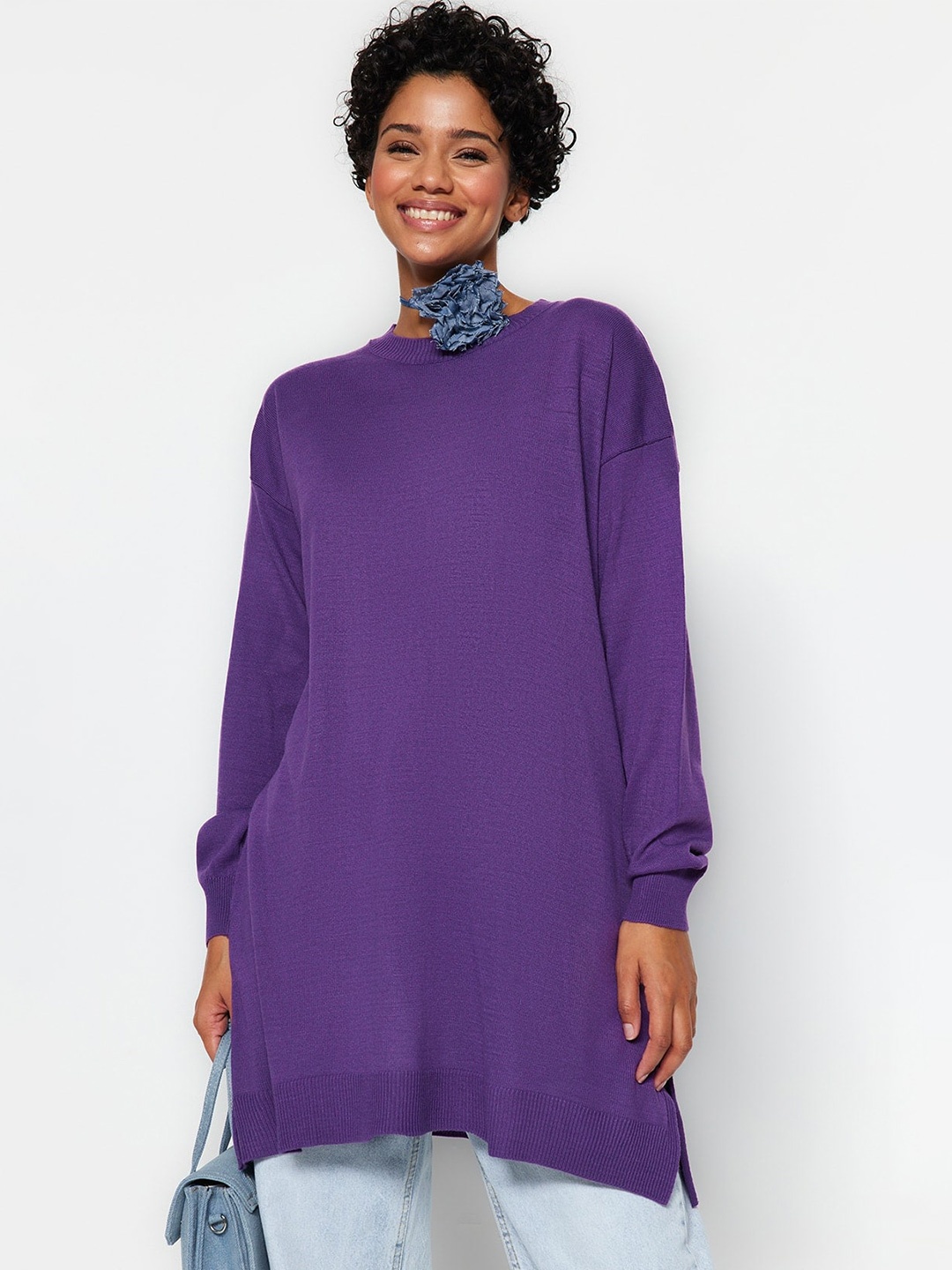 

Trendyol Round Neck Long Sleeves Acrylic Longline Pullover Sweater, Purple