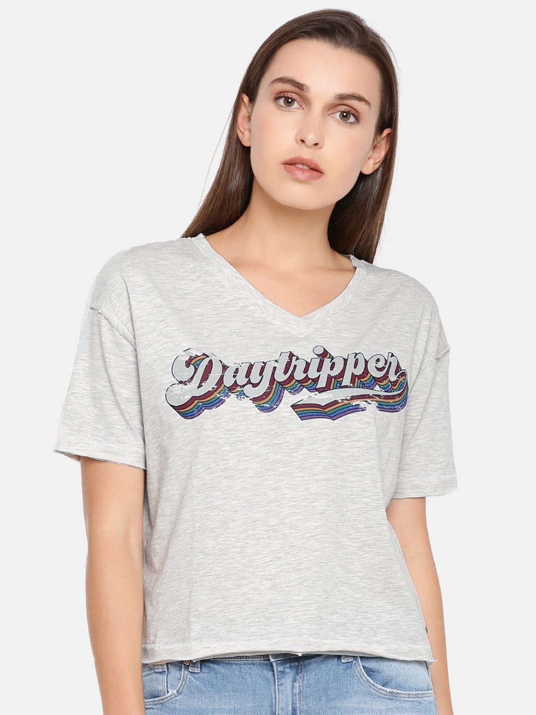 

ONLY Women Grey Printed Round Neck T-shirt
