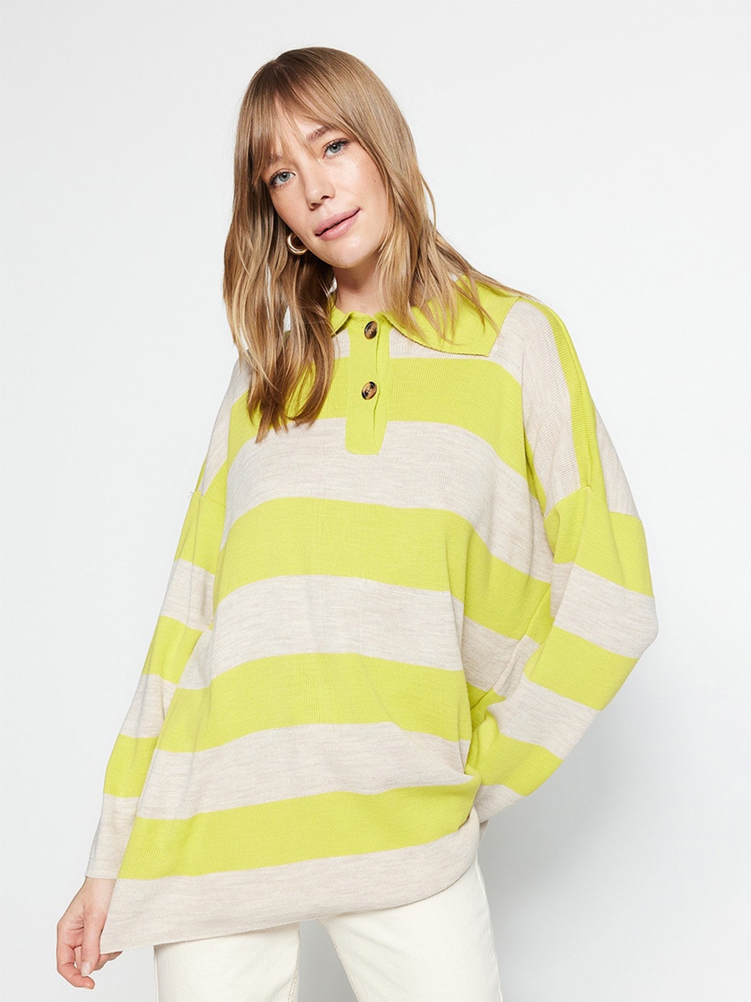 

Trendyol Striped Spread Collar Acrylic Pullover Sweater, Yellow