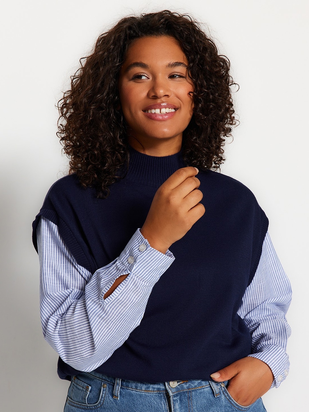 

Trendyol Plus Size High Neck Acrylic Sweater Vest, Navy blue