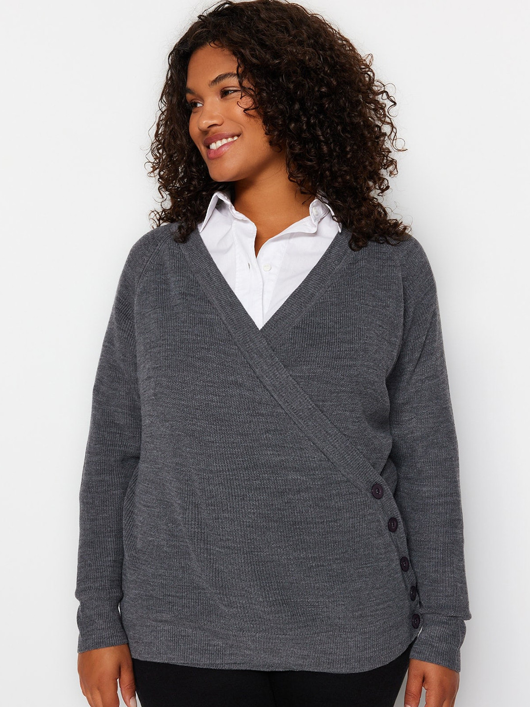 

Trendyol V-Neck Ribbed Cardigan, Grey