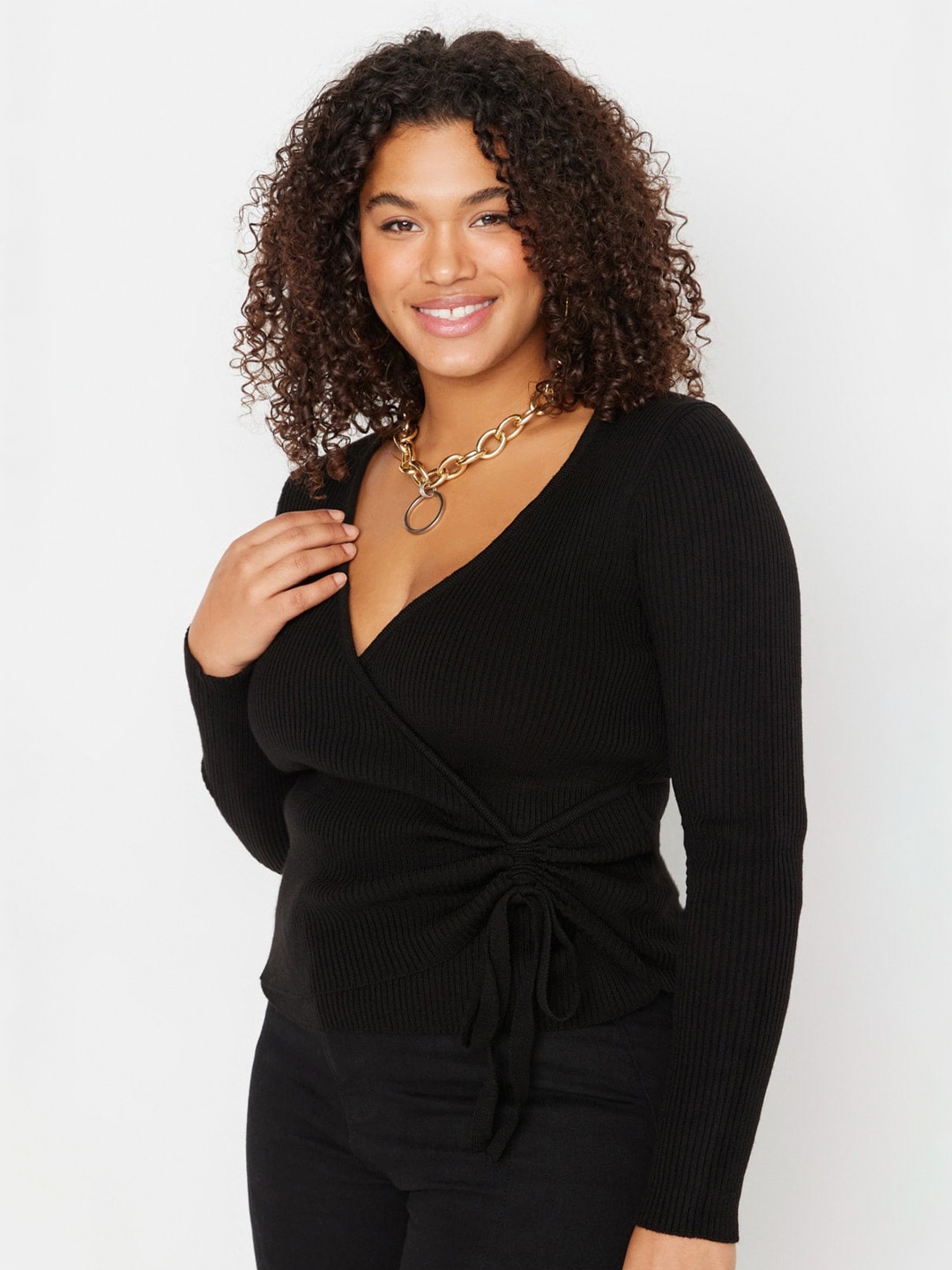 

Trendyol V-Neck Ribbed Pullover, Black