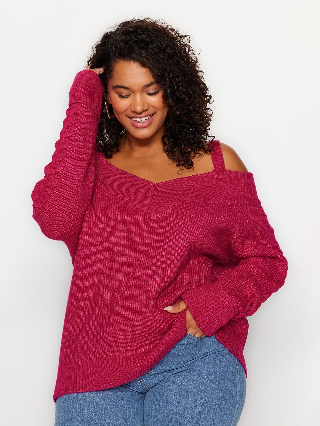 

Trendyol V-Neck Ribbed Acrylic Pullover, Pink