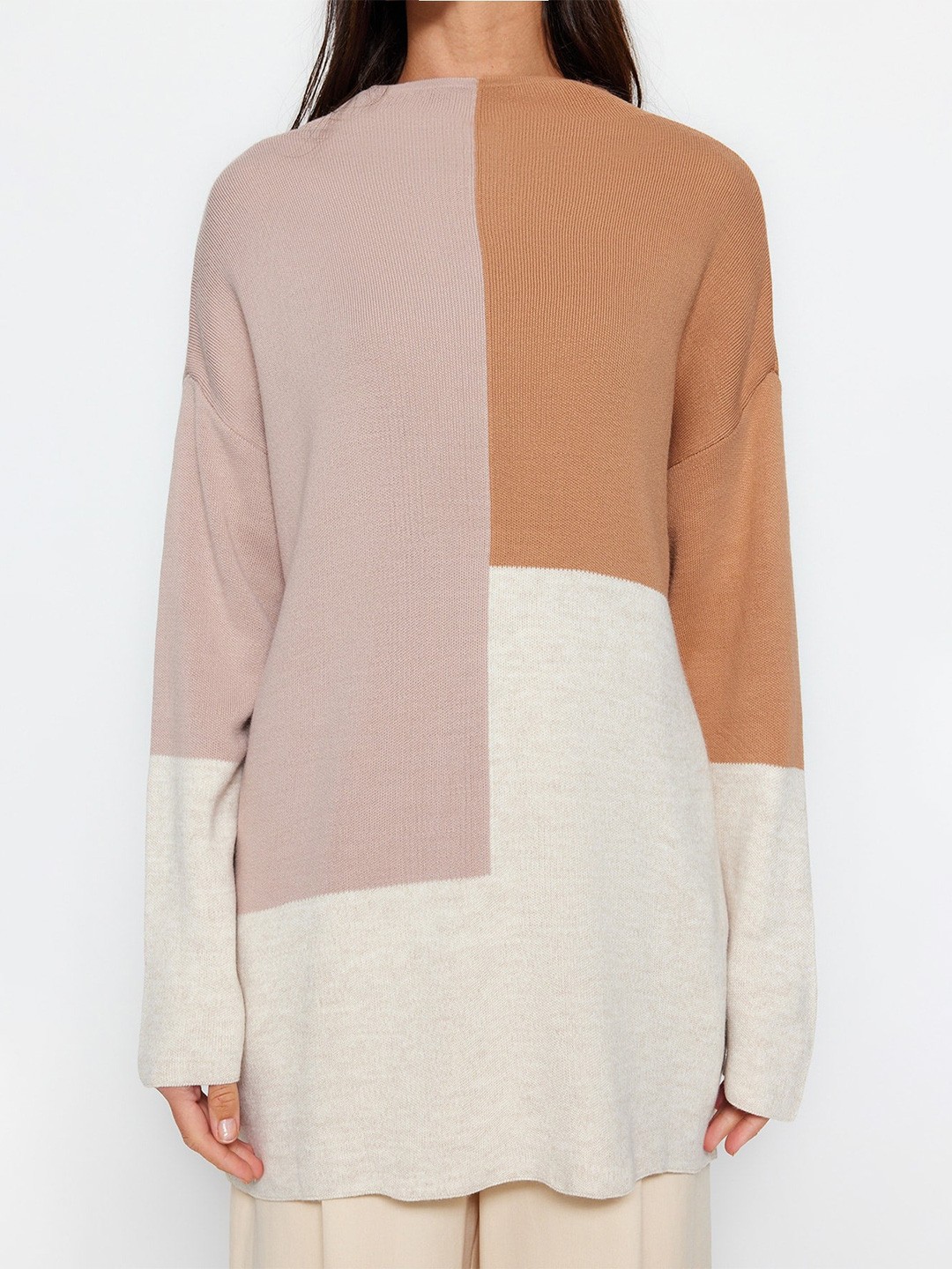 

Trendyol Colourblocked Pure Acrylic Longline Pullover, Beige