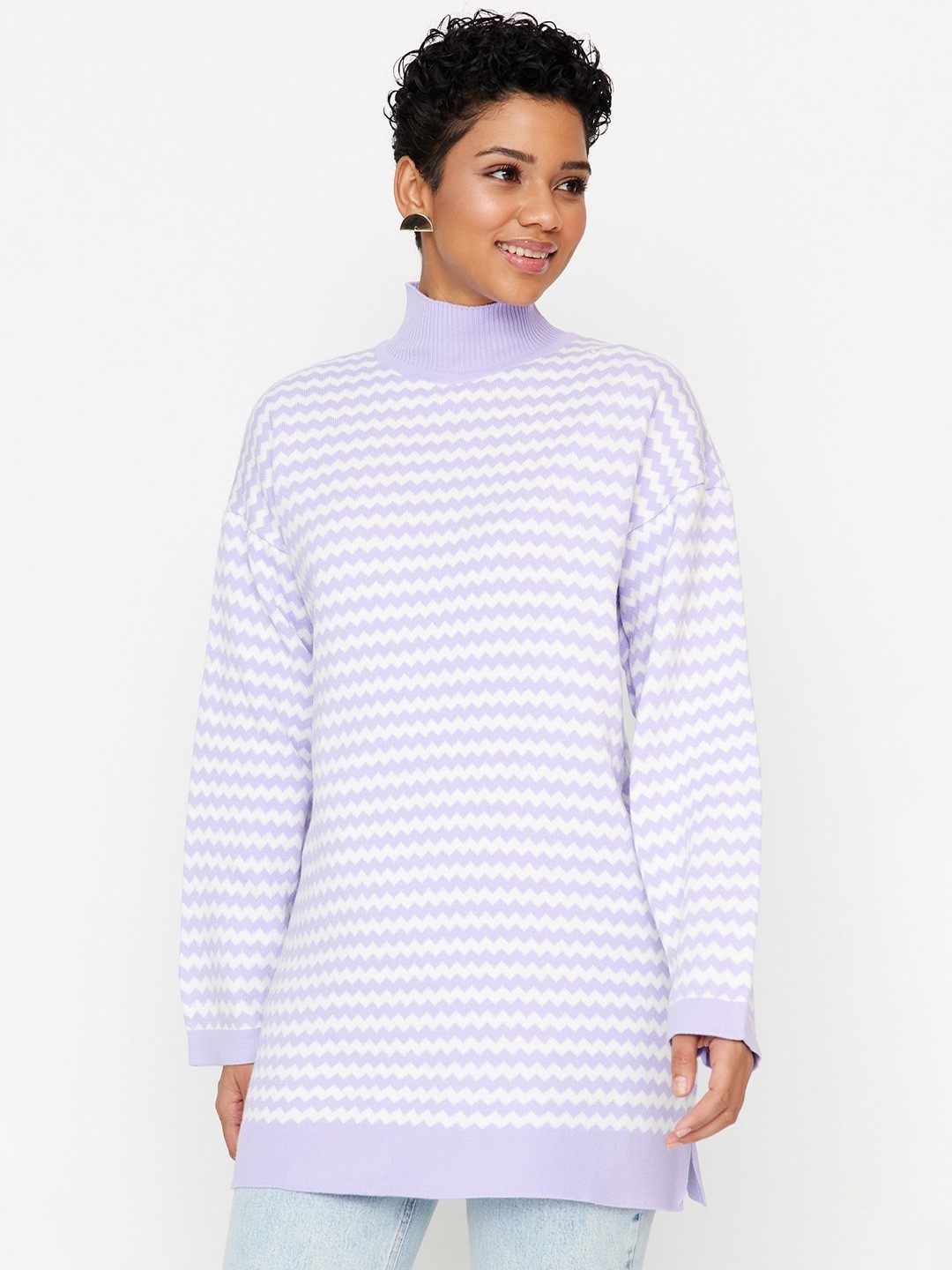 

Trendyol Striped High Neck Acrylic Longline Pullover Sweater, Lavender