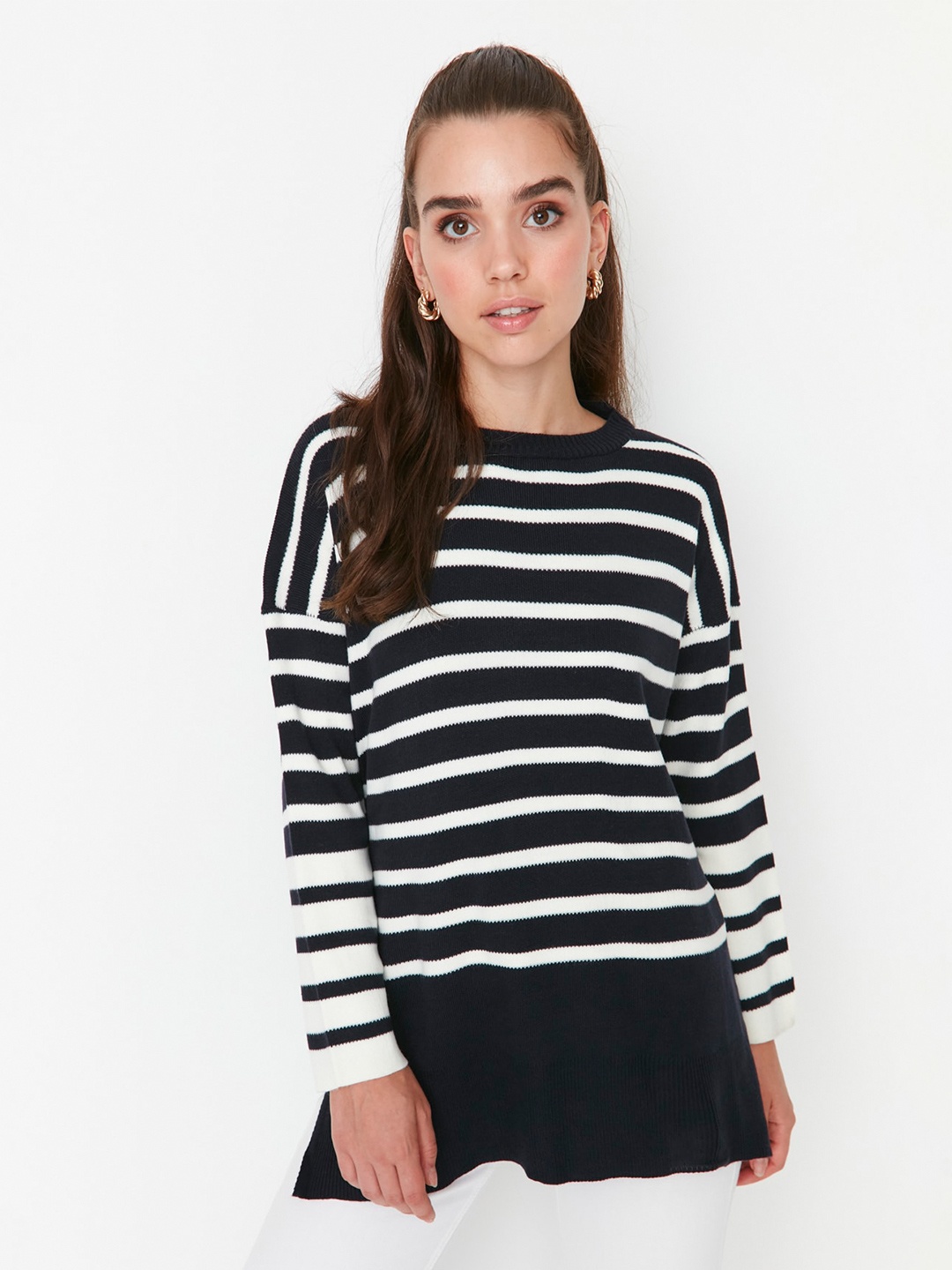 

Trendyol Striped Pure Acrylic Longline Pullover, Navy blue