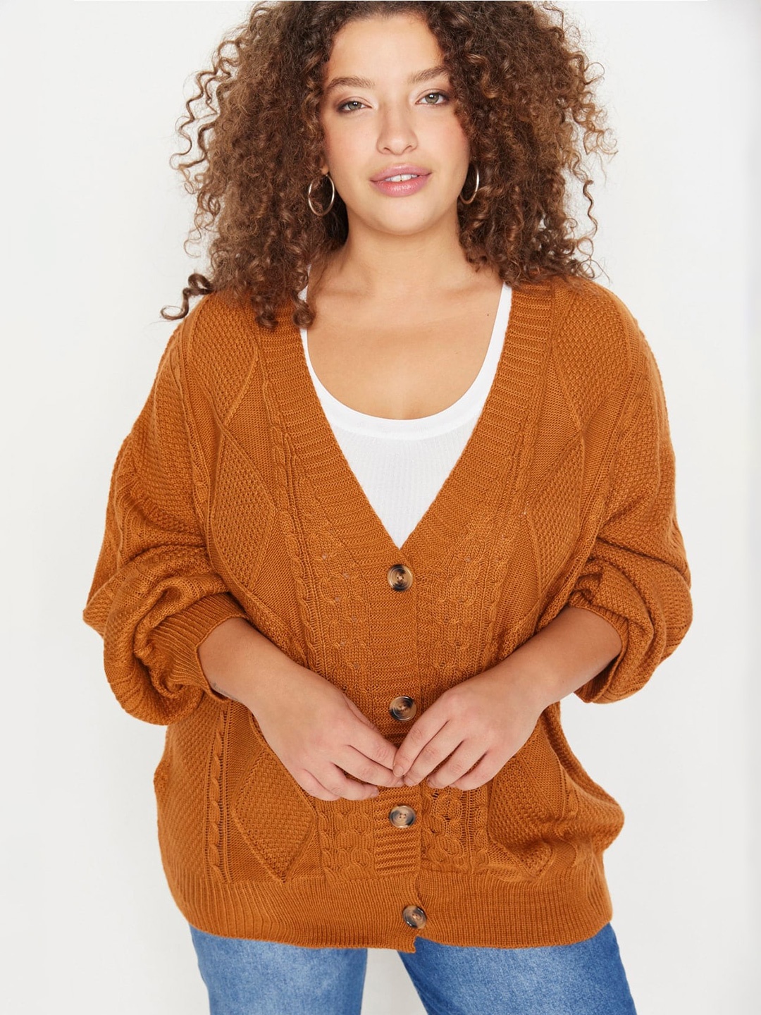 

Trendyol Cable Knit V-Neck Acrylic Cardigan, Brown