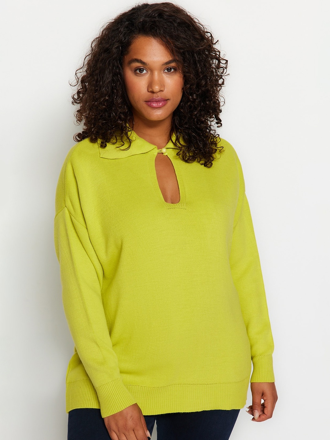 

Trendyol Shirt Collar Longline Acrylic Pullover Sweater, Lime green