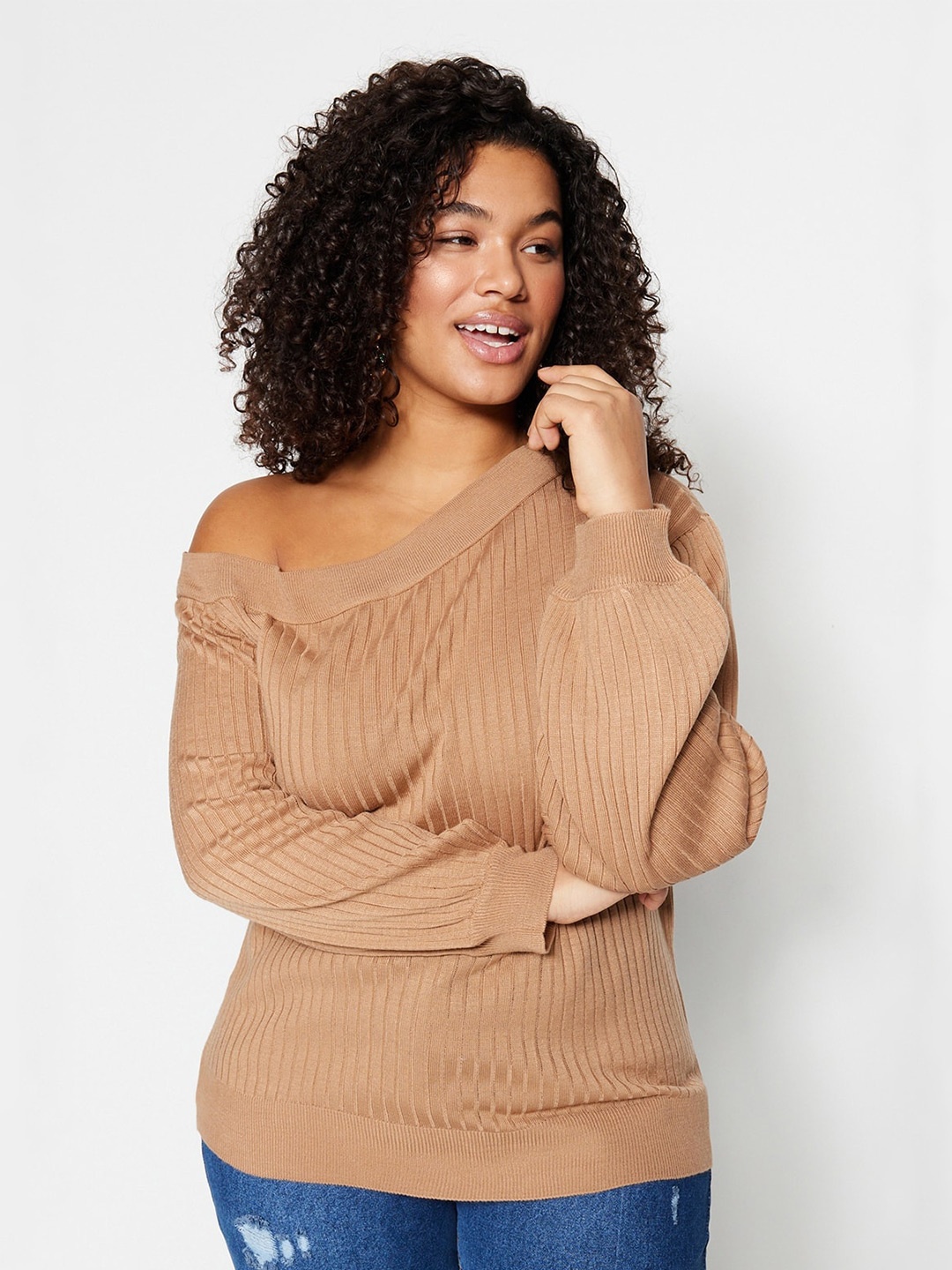 

Trendyol Striped Acrylic Off-Shoulder Pullover Sweaters, Brown