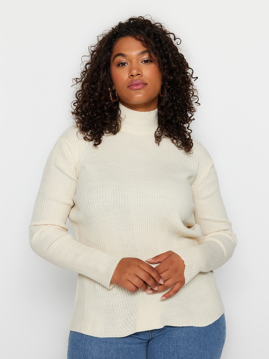 

Trendyol Plus Size Ribbed Turtle Neck Acrylic Pullover Sweaters, Cream
