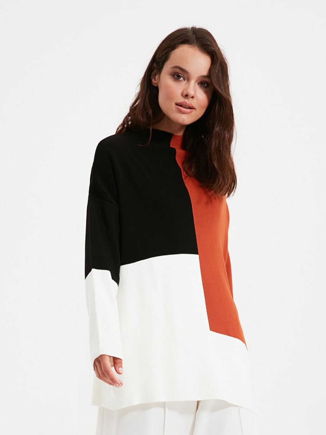 

Trendyol Colourblocked Acrylic Longline Pullover, Brown