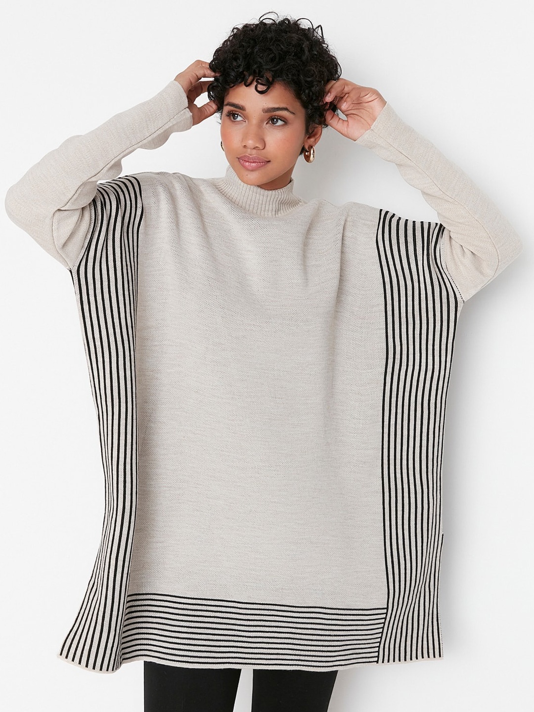 

Trendyol Striped Printed Mock Collar Longline Acrylic Pullover Sweaters, Grey