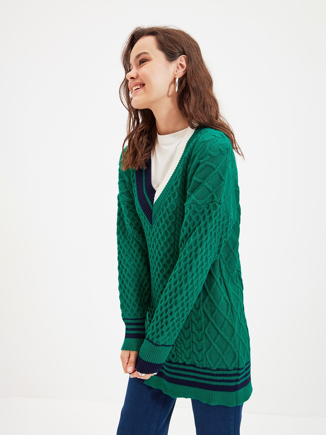 

Trendyol Cable Knit Self Design Acrylic Longline Pullover Sweater, Green