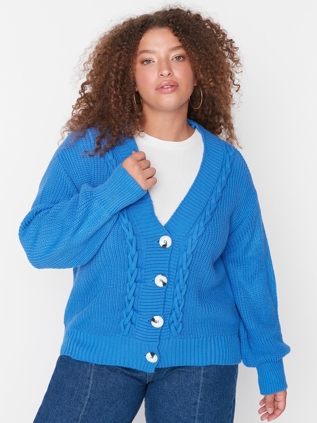 

Trendyol Cable Knit V-Neck Cardigan, Blue