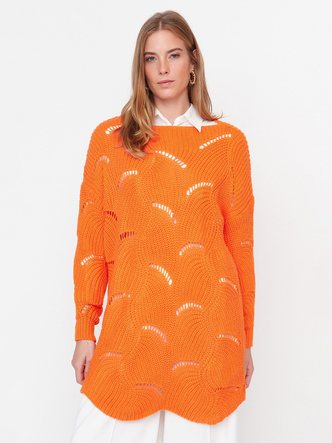 

Trendyol Open Knit Self Design Acrylic Longline Pullover, Orange
