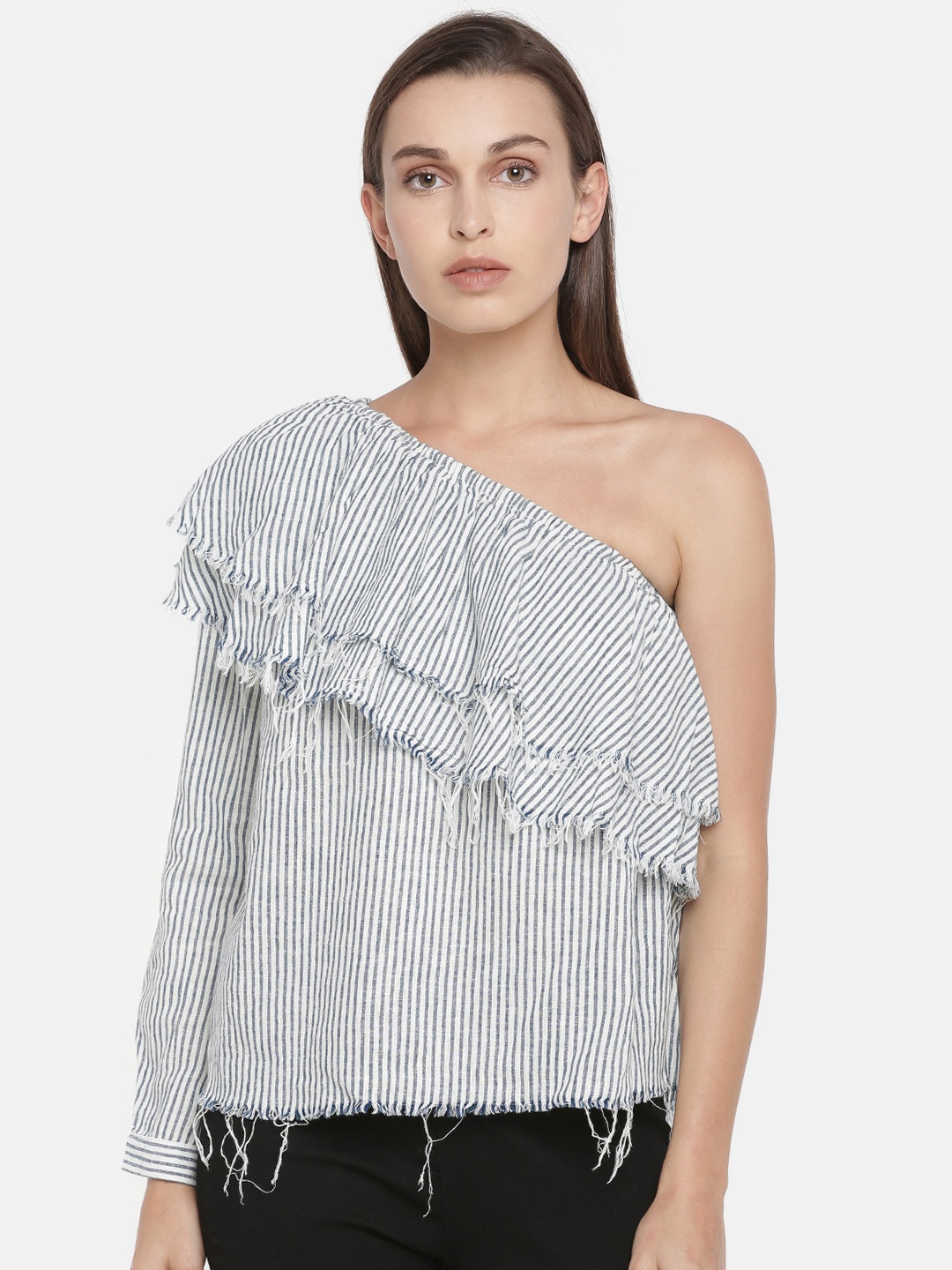 

ONLY Women Blue & White Striped One-Shoulder Top