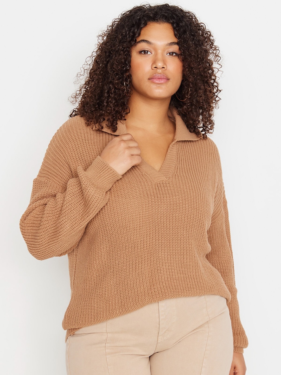 

Trendyol Cable Knit Self Design Shirt Collar Pullover, Camel brown