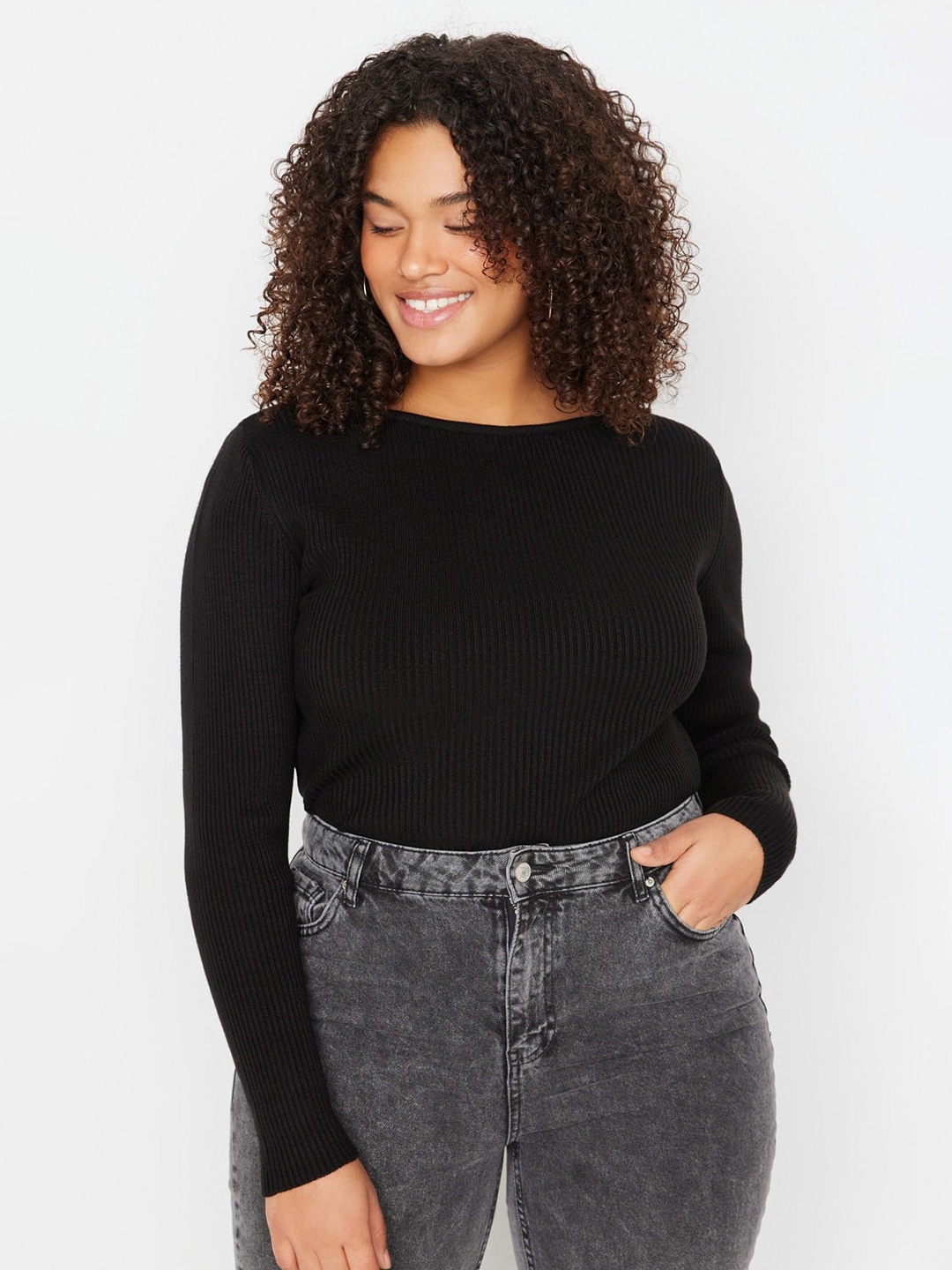 

Trendyol Ribbed Round Neck Acrylic Pullover, Black