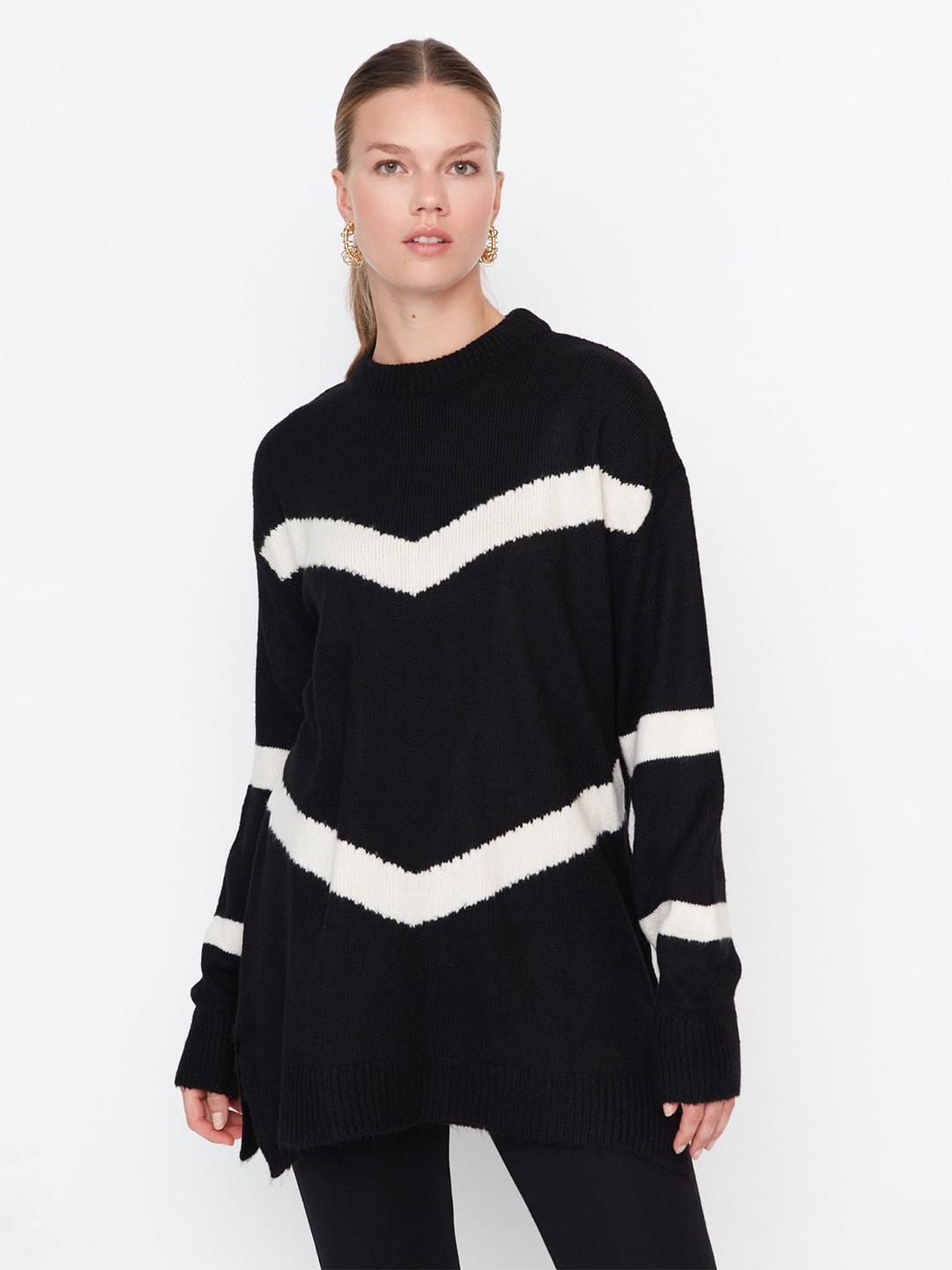 

Trendyol Striped Longline Pullover, Black
