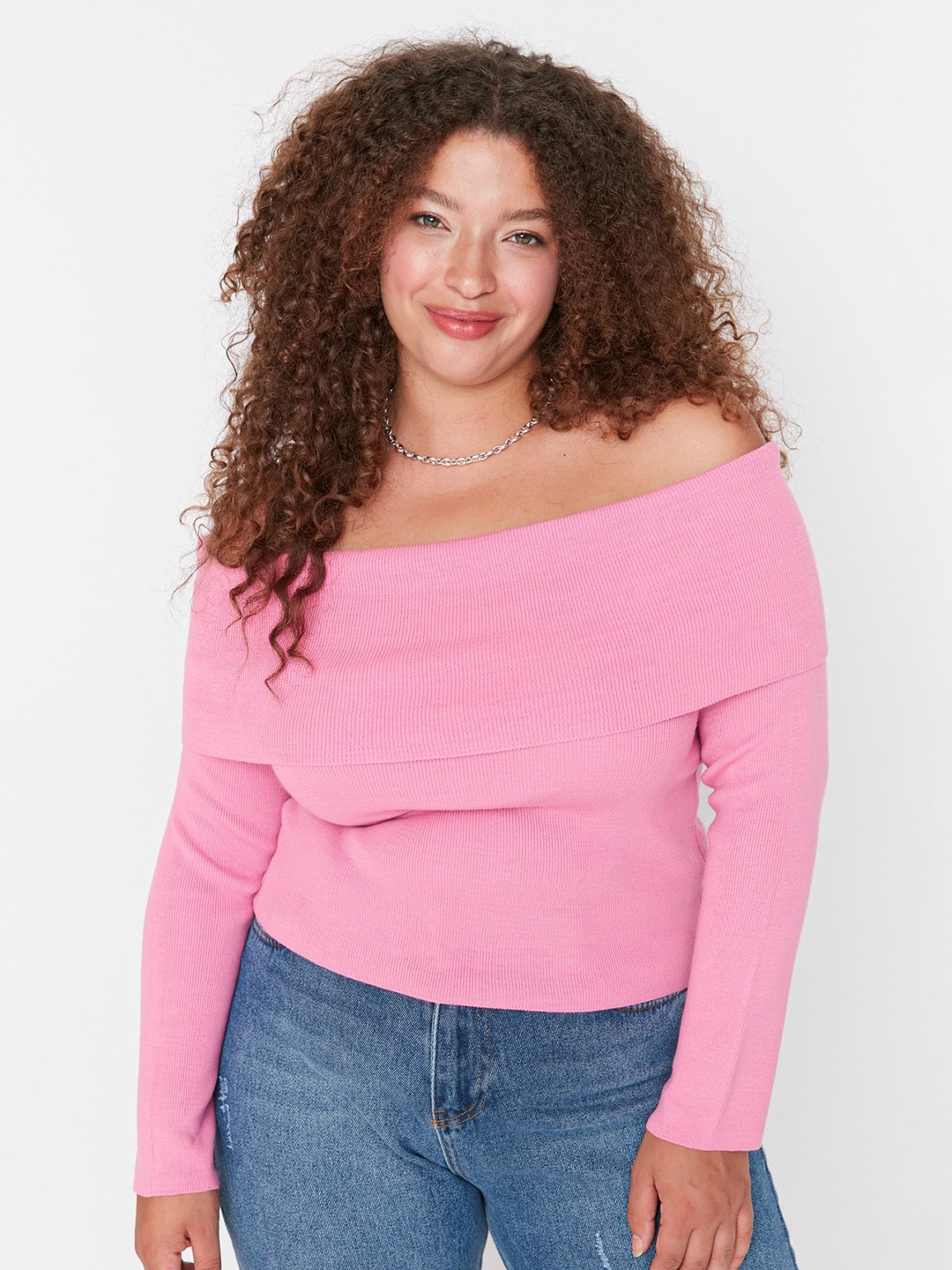 

Trendyol Ribbed Off-Shoulder Pure Acrylic Bardot Top, Pink