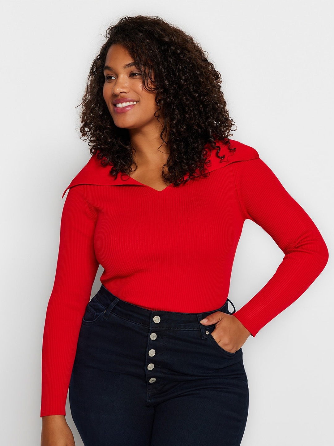 

Trendyol Striped Shirt Collar Crop Pullover, Red