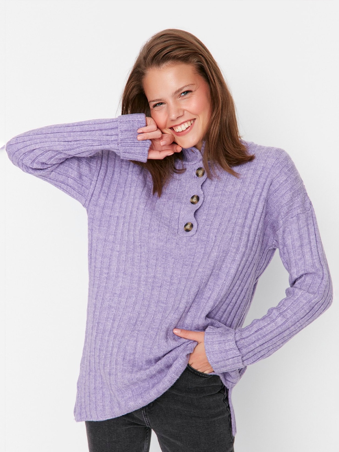 

Trendyol Ribbed Mock Collar Pullover, Lavender