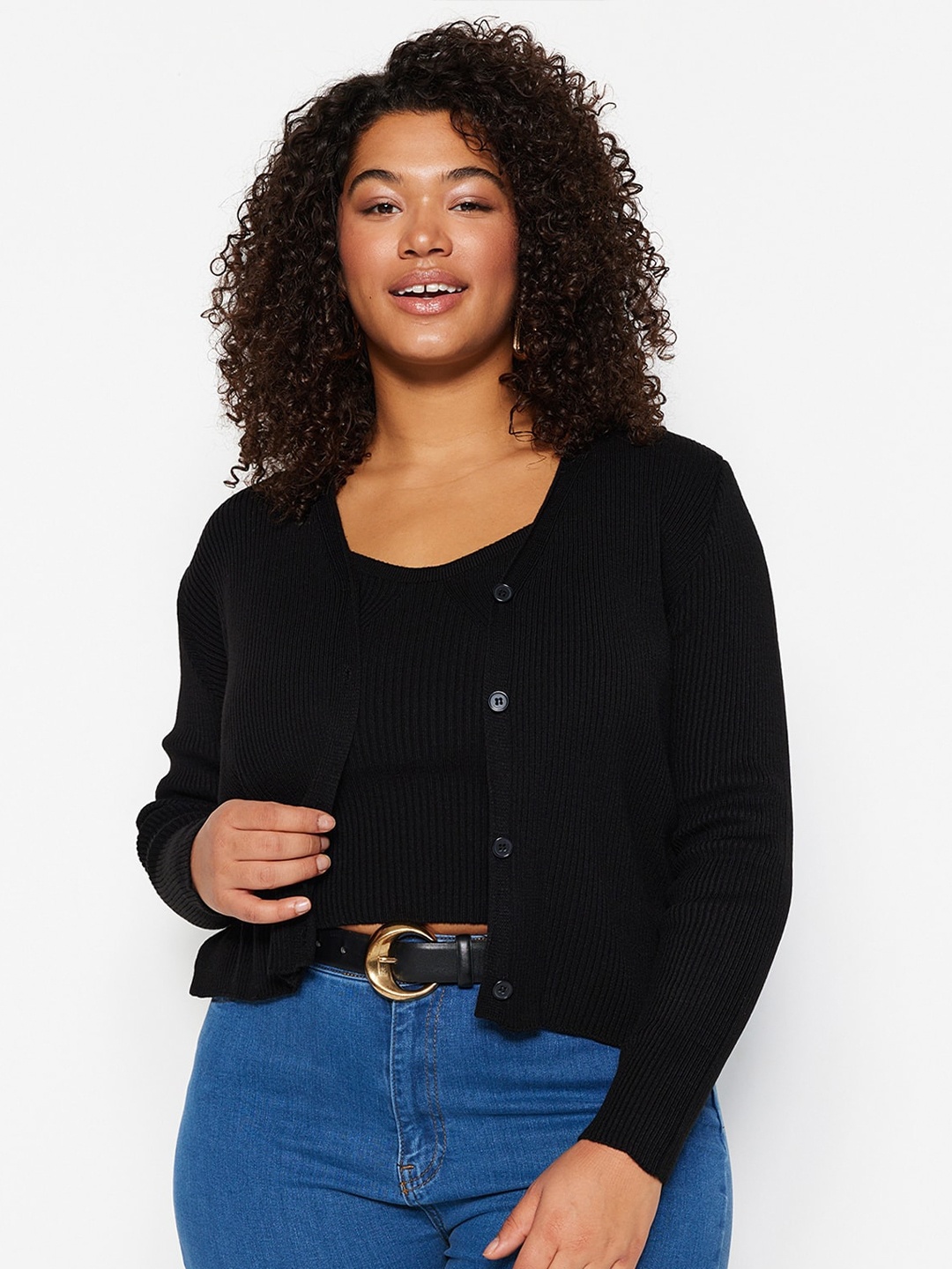 

Trendyol V-Neck Ribbed Acrylic Cardigan, Black