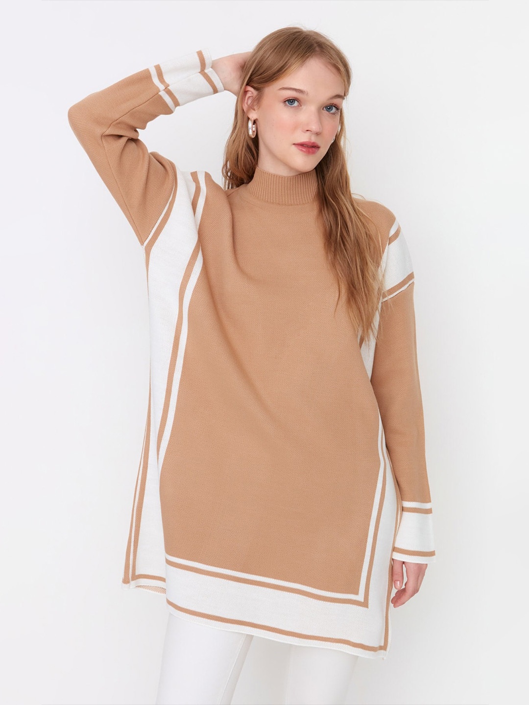 

Trendyol Colourblocked Mock Collar Long Sleeves Pullover, Brown