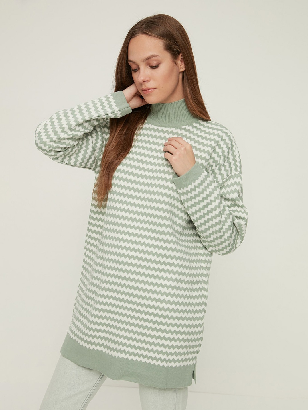 

Trendyol Striped Mock Collar Acrylic Pullover, Green