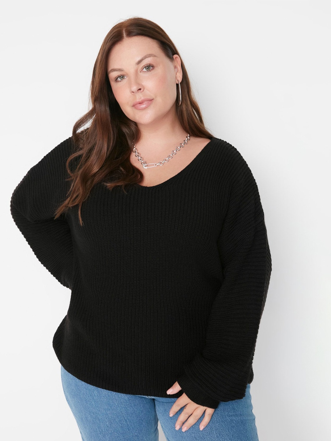 

Trendyol Plus Size Ribbed Acrylic Pullover, Black