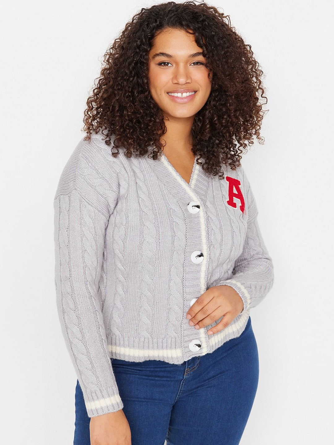 

Trendyol Cable Knit V-Neck Long Sleeves Cardigan, Grey