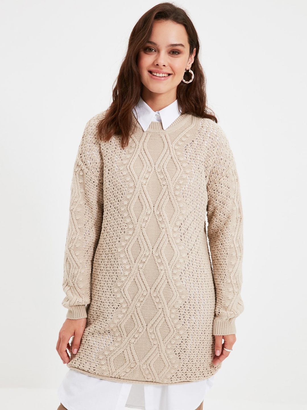 

Trendyol Cable Knit Pure Acrylic Longline Pullover, Beige