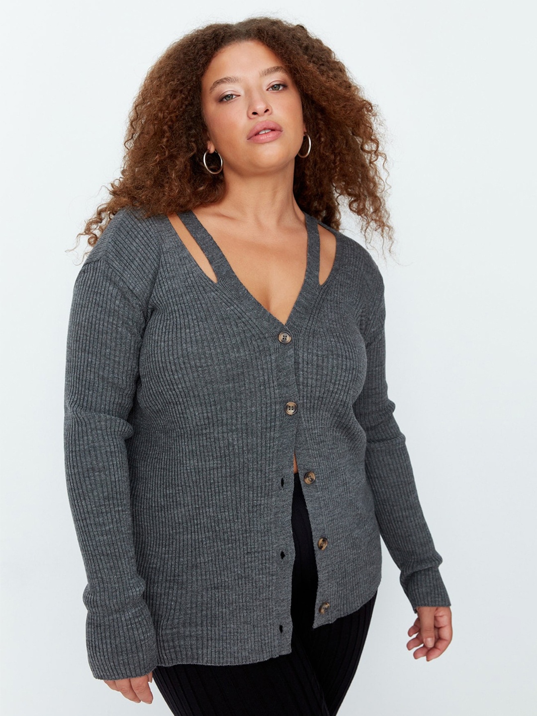 

Trendyol V-Neck Ribbed Cut Out Cardigan, Grey