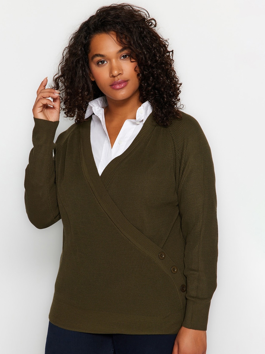 

Trendyol V-Neck Acrylic Pullover, Khaki