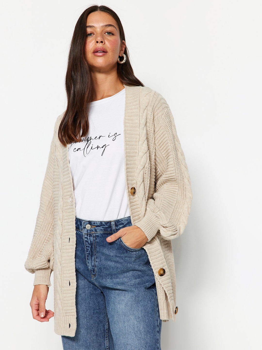 

Trendyol Cable Knit Acrylic Longline Cardigan Sweater, Beige